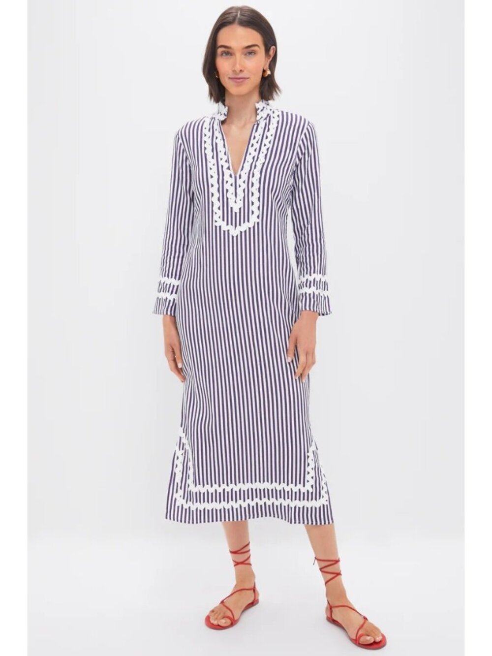 Sail to Sable Classic Caftan with Ric-Rac in Navy and White Stripe Large New